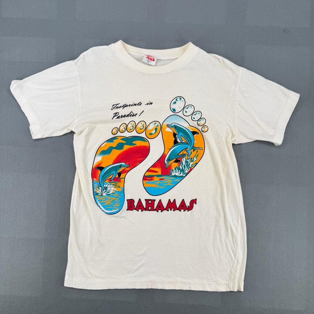 Vintage 90s Bahamas Dolphin Tee Shirt Mens S White Cotton Single Stitch Souvenir